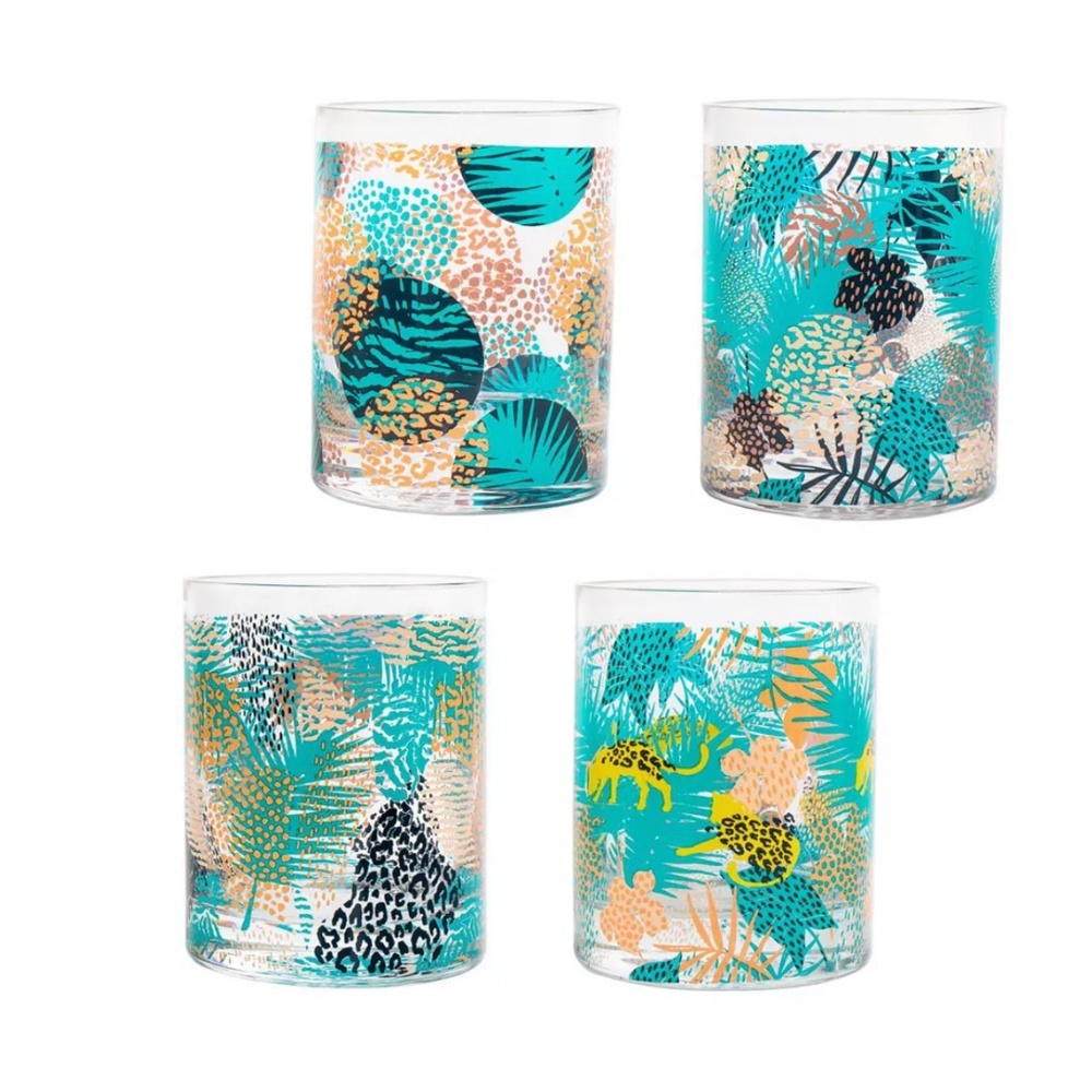 NIB! Jungle Leaves Set of 4 Double Old Fashion Glasses by Godinger!